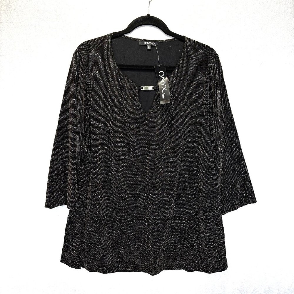 NWT Onyx Nite Metallic Glitter Shirt Womens 3X Black Gold Keyhole 3/4 Sleeve Top